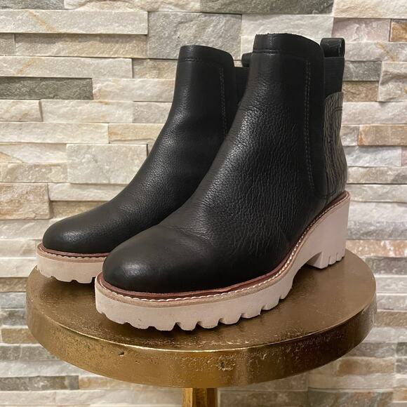 Dolce Vita 7.5 Black Leather Lug Sole Boots | Croc Detail, Chunky Heel - Picture 6 of 9